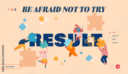 People Working on Result Website Landing Page. Businessmen and Businesswomen Characters Set Up Separated Puzzle Construction. Teamwork Cooperation Web Page Banner. Cartoon Flat Vector Illustration