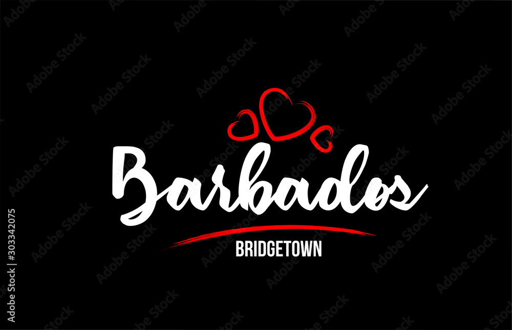 Plakat Barbados country on black background with red love heart and its capital Bridgetown