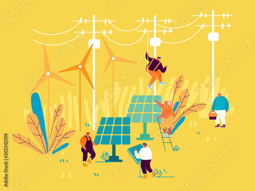 Sustainable Energy Development, Environmental and Ecology Protection Concept. New Technologies Integration into Human Life. Solar Panels and Windmills for Green Energy Cartoon Flat Vector Illustration
