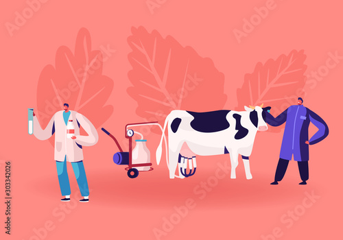 Dairy Production Manufacture. Farmer Using Milking Machine for Cow, Technologist Testing Milk Quality in Flask. Farmers Production Chemical Examination on Factory. Cartoon Flat Vector Illustration