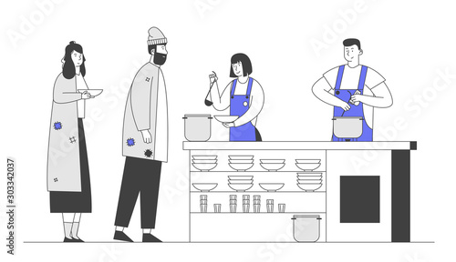Poor Man and Woman Stand in Queue for Getting Food in Shelter for Homeless, Emergency Housing, Temporary Residence for People, Bums and Beggars Without Home. Cartoon Flat Vector Illustration, Line Art
