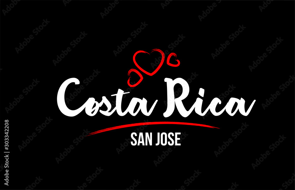 Costa Rica country on black background with red love heart and its capital San Jose Costa Rica country on black background with red love heart and its capital San Jose