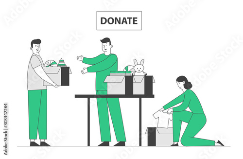 Young Man and Woman Altruistic Volunteers Collecting Clothes and Toys to Cardboard Boxes for Donation to Poor Homeless People in Complicated Life Situation. Cartoon Flat Vector Illustration, Line Art