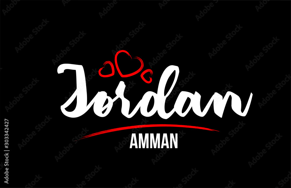 Jordan country on black background with red love heart and its capital Amman