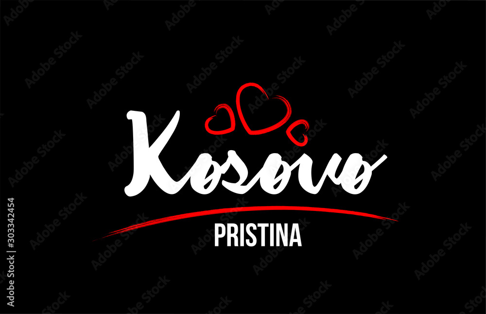 Kosovo country on black background with red love heart and its capital Pristina Kosovo country on black background with red love heart and its capital Pristina