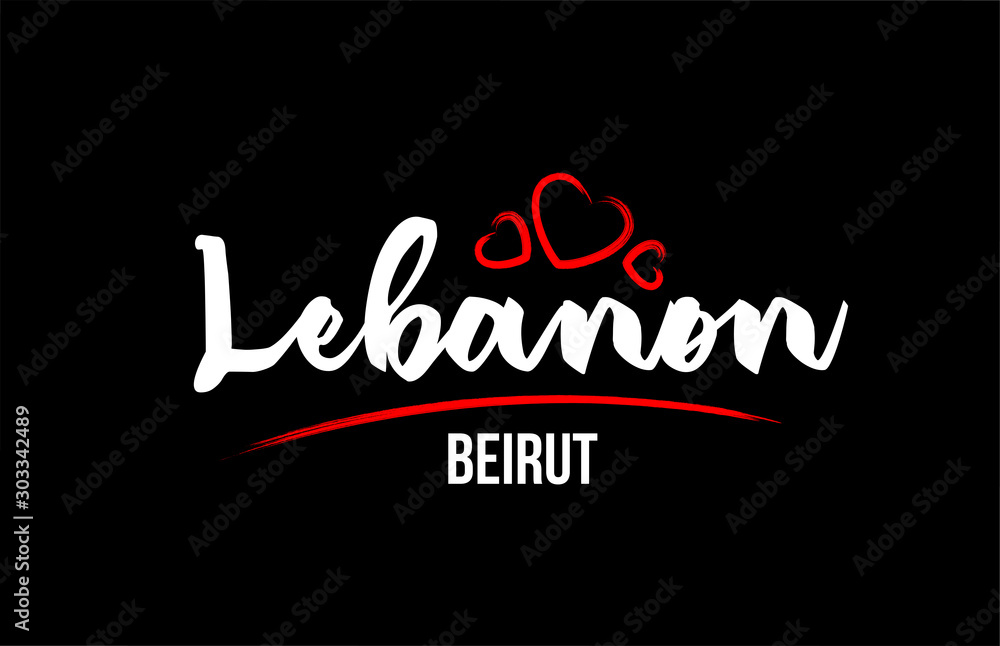 Lebanon country on black background with red love heart and its capital Beirut