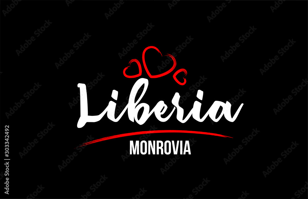 Liberia country on black background with red love heart and its capital Monrovia Liberia country on black background with red love heart and its capital Monrovia