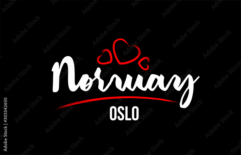 Norway country on black background with red love heart and its capital Oslo