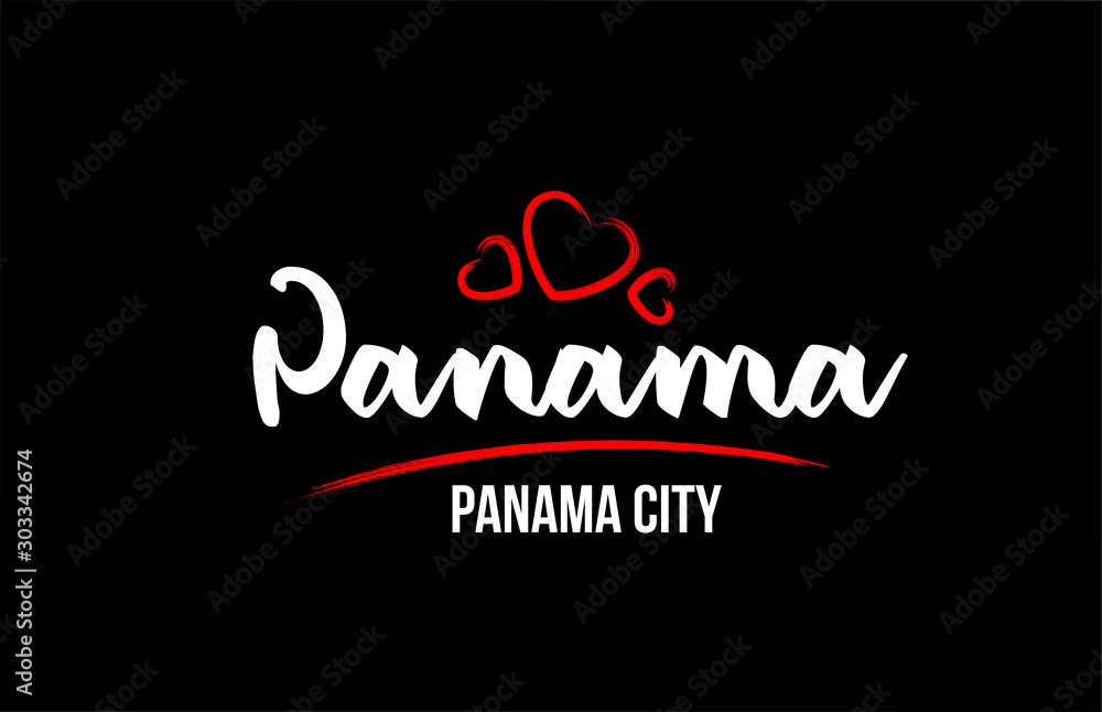 Panama country on black background with red love heart and its capital Panama City