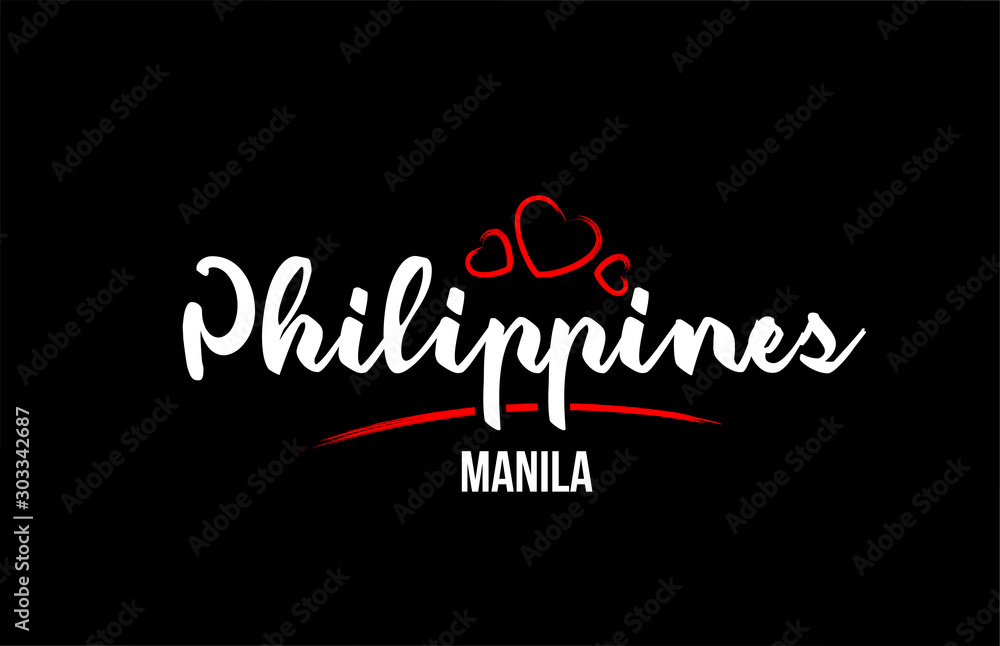 Philippines country on black background with red love heart and its capital Manila Philippines country on black background with red love heart and its capital Manila