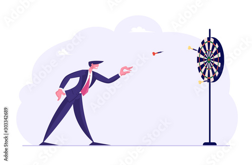 Tenacity in Business Strategy, Goal Setting Concept. Businessman Throwing Darts to Target Center. Aims Achievement Mission, Opportunity and Challenge. Task Solution Cartoon Flat Vector Illustration