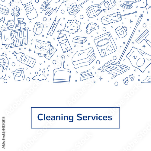 Vector cute cleaning hand drawn doodle elements background with place for text. Dustpan, pin, brush, dish, detergents household objects illustration