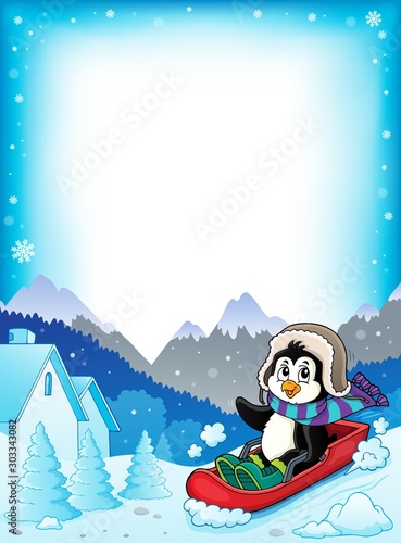 Penguin on bobsleigh theme frame 1