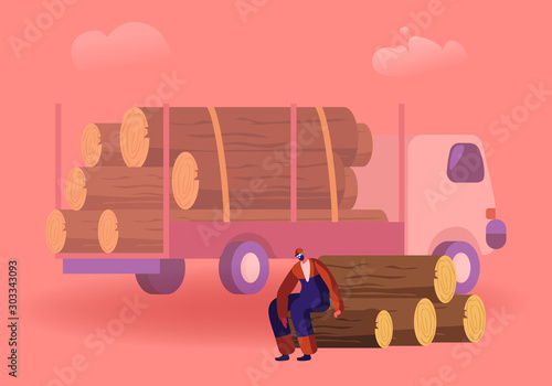 Woodcutter Having Break Sitting on Wooden Logs Pile in Forest near Truck for Trees Transportation. Wood Harvesting, Logging Forestry Industry, Deforestation Process. Cartoon Flat Vector Illustration