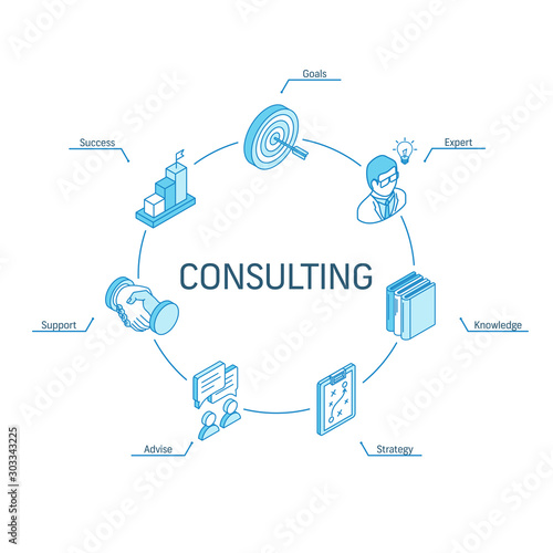 Consulting isometric concept. Connected line 3d icons. Integrated circle infographic design system. Consulting, Goals, Expert, Success symbols. Business Strategy, Advise, Knowledge, Support pictogram