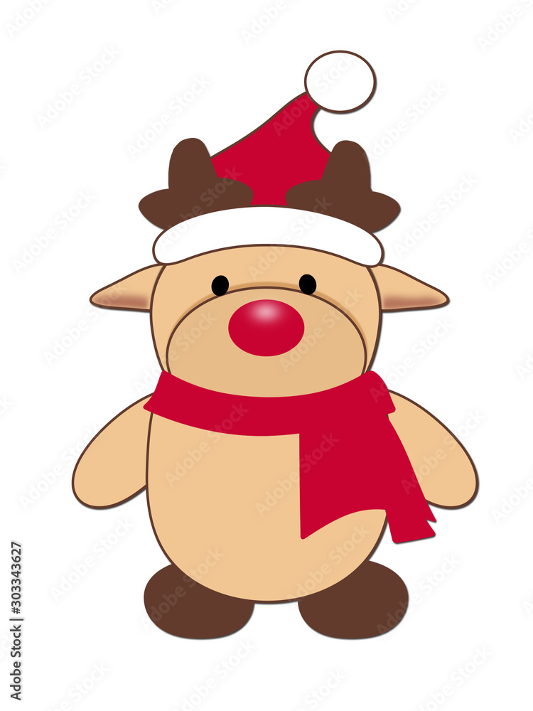 Christmas red nose reindeer with scarf and santa hat Christmas red nose reindeer with scarf and santa hat