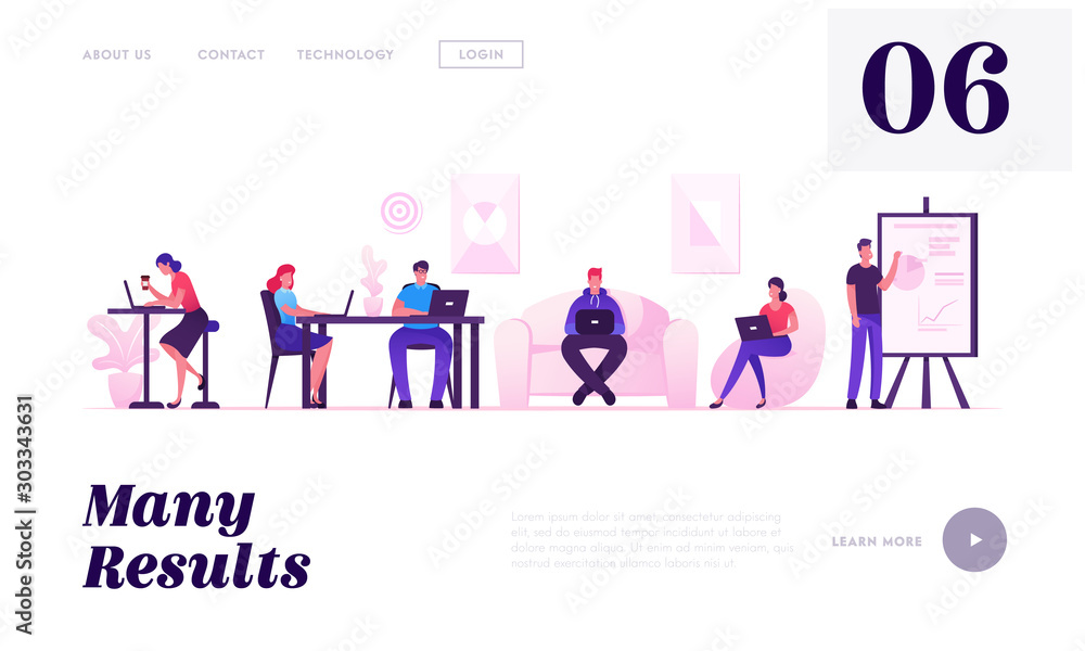 Teamwork Communication Website Landing Page. People Working Relaxing Drinking Coffee and Messaging with Gadgets in Coworking Area or Creative Office Web Page Banner. Cartoon Flat Vector Illustration