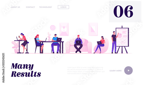 Teamwork Communication Website Landing Page. People Working Relaxing Drinking Coffee and Messaging with Gadgets in Coworking Area or Creative Office Web Page Banner. Cartoon Flat Vector Illustration