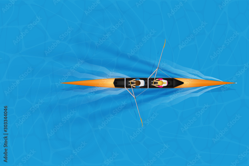Double Racing shell with mixed paddlers for rowing sport on water surface. Two paddlers mixed race. Woman and Man and inside boat. Top view. Vector Illustration Double Racing shell with mixed paddlers for rowing sport on water surface. Two paddlers mixed race. Woman and Man and inside boat. Top view. Vector Illustration