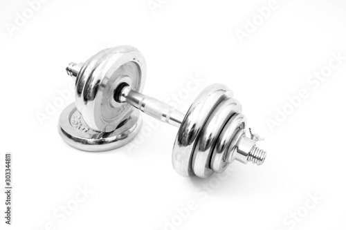 silver iron dumbbell isolated on white