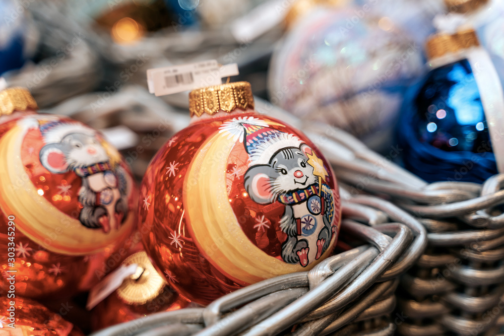 Christmas balls on the counter of the store Christmas balls on the counter of the store