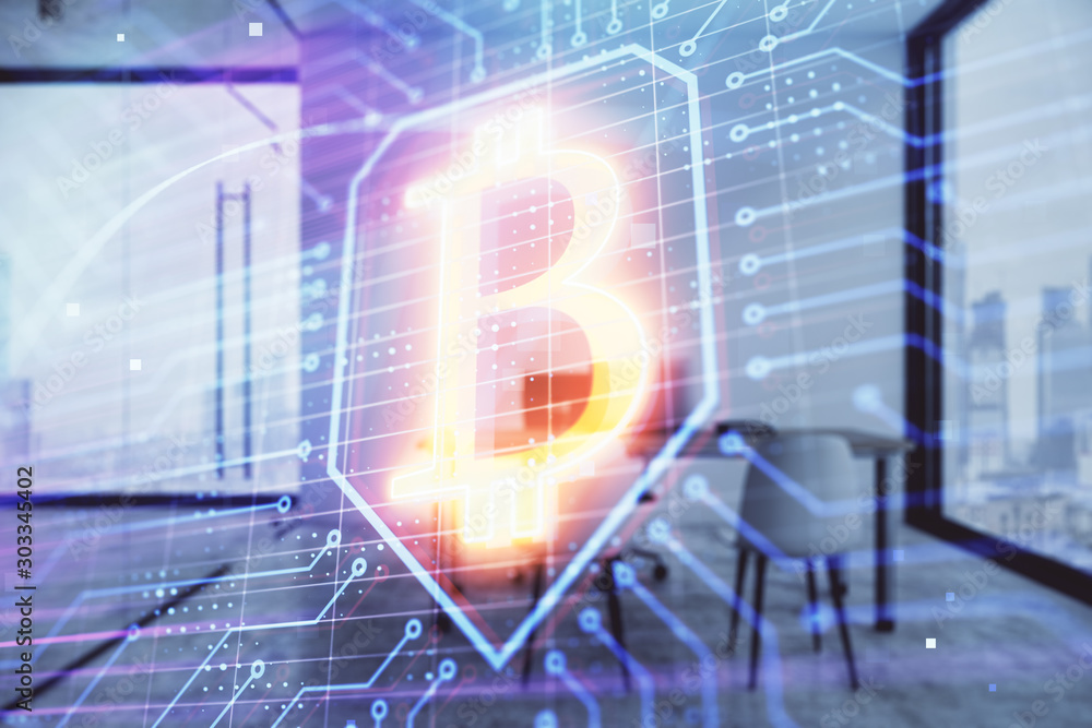 Bitcoin sign hologram with minimalistic cabinet background. Double exposure. Cryptocurrency concept. Bitcoin sign hologram with minimalistic cabinet background. Double exposure. Cryptocurrency concept.