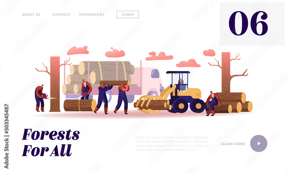 Lumber Workers Job Website Landing Page. Lumberjacks Working with Truck and Equipment Logging in Forest. Woodcutters with Chainsaw Cut Wooden Logs Web Page Banner. Cartoon Flat Vector Illustration