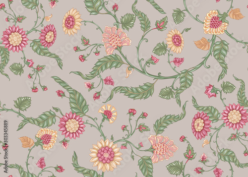 Seamless Indian floral ethnic pattern with bird. Colored vector illustration. On beige background.