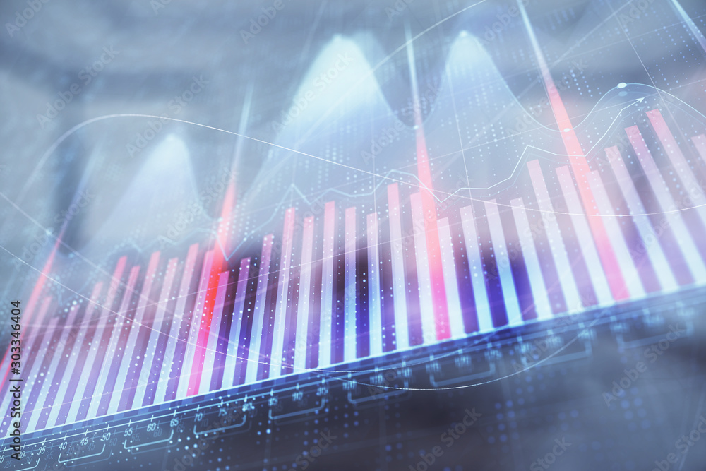 Multi exposure of stock market graph on conference room background. Concept of financial analysis Multi exposure of stock market graph on conference room background. Concept of financial analysis