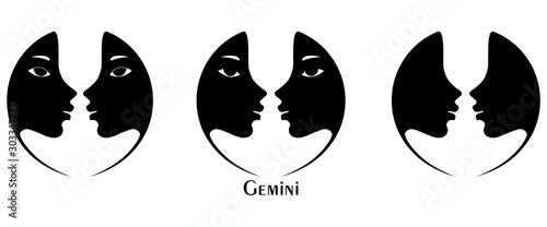 Set Profile of two girl, Sign of Gemini. Logo. Vector silhouette image.