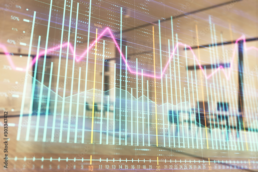 Stock and bond market graph with trading desk bank office interior on background. Multi exposure. Concept of financial analysis Stock and bond market graph with trading desk bank office interior on background. Multi exposure. Concept of financial analysis