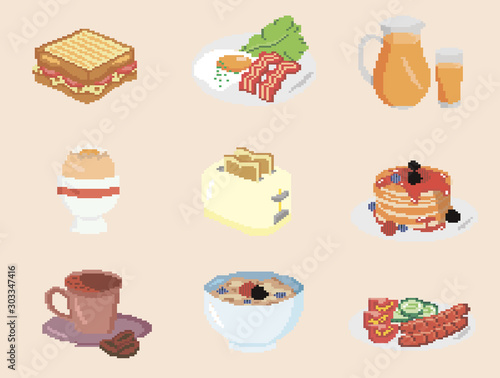 Set of pixel food for breakfast. Pack of pixel icons of food for designers - sandwich, bacon fried eggs, coffee, porridge with berries, pancakes, juice, egg, toasts. Meal for morning