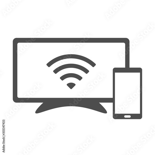 Smart devices vector icon isolated on white background. Smart tv and smartphone wireless connection icon for web, mobile apps and ui design. Internet of things stock vector illustration.