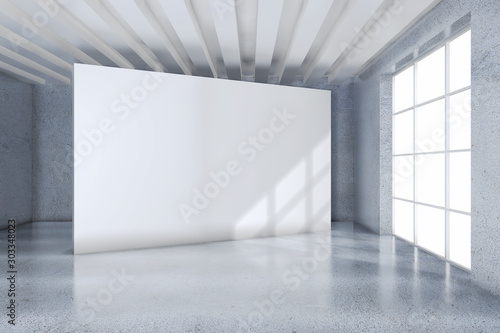 Horisontal blank billboard on a gray stone floor  blank interior. 3d rendering.