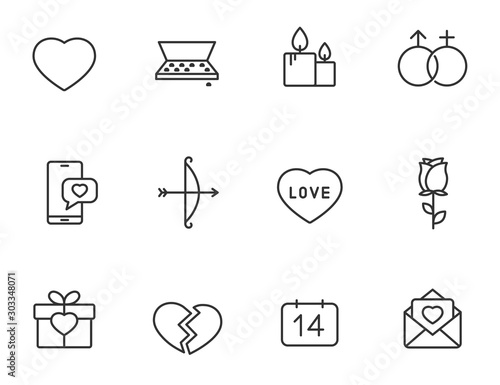 Valentine day outline vector icons isolated on white background. Romantic love and valentine day line vector icons for web, mobile apps, ui and printed products. Love heart stock vector illustration