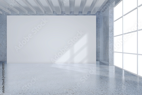 Blank billboard in concrete museum interior. Exhibition concept. Mock up, 3D Rendering.