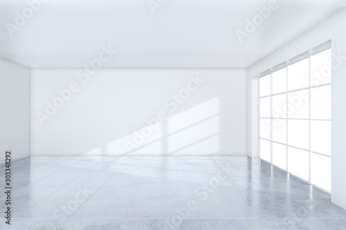 Simply interior in loft style with concrete floor, and white walls. 3d rendering.