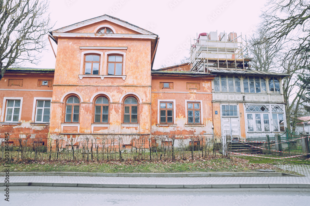 City Cesis, Latvia. Street with old houses and windows. Travel photo.