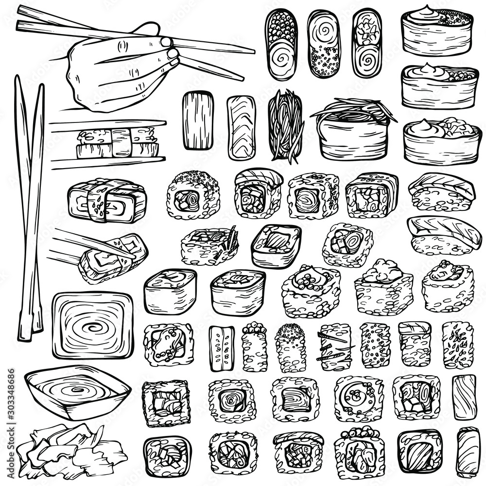 Sketch ink Illustration seafood, sushi, rolls. Graphic design of the menu bars, restaurants, invitations, announcements.Hand drawn Sushi and rolls. Fresh fish and rice. Soy sauce, sticks. 