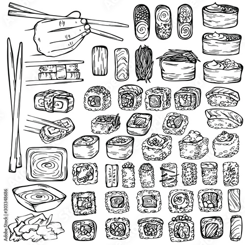 Sketch ink Illustration seafood  sushi  rolls. Graphic design of the menu bars  restaurants  invitations  announcements.Hand drawn Sushi and rolls. Fresh fish and rice. Soy sauce  sticks. 