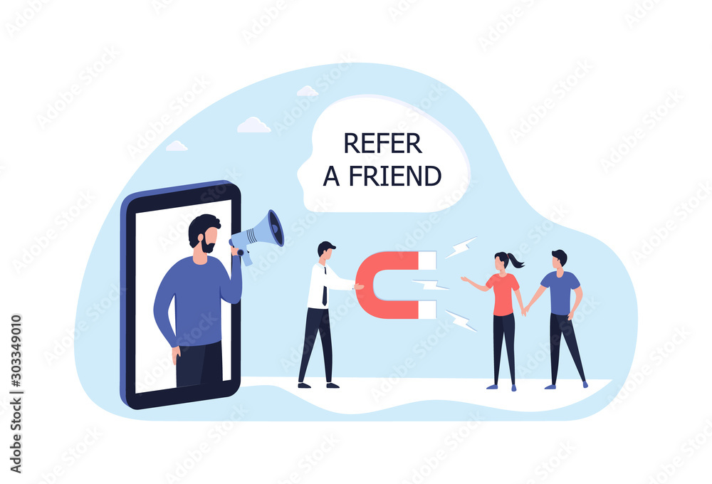 Concept refer a friend. Men with a handheld megaphone and magnet attracts offer a referral program to attract new buyers, customers. Social media, promotion, marketing. Flat vector stock illustration Concept refer a friend. Men with a handheld megaphone and magnet attracts offer a referral program to attract new buyers, customers. Social media, promotion, marketing. Flat vector stock illustration