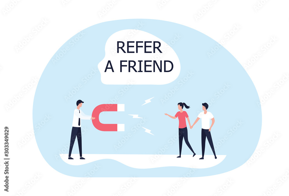 A man with a magnet in his hands attracts new buyers. The concept of a referral program, marketing strategy, bonuses. Flat vector stock illustration on a white background. A man with a magnet in his hands attracts new buyers. The concept of a referral program, marketing strategy, bonuses. Flat vector stock illustration on a white background.
