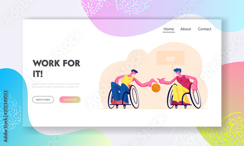 Paralympic Athletes Training Website Landing Page. Disabled Paralyzed Men Playing Basketball Sitting on Wheelchairs, Handicapped Characters Sports Web Page Banner. Cartoon Flat Vector Illustration