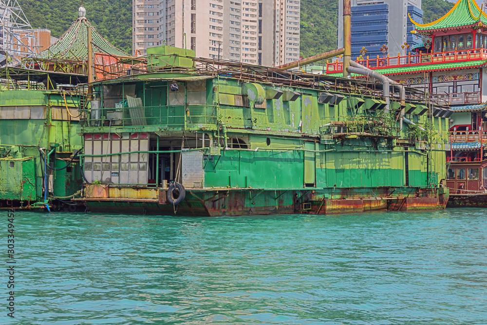 Backside of a floating island in the harbor of Aberdeen in Hong Kong