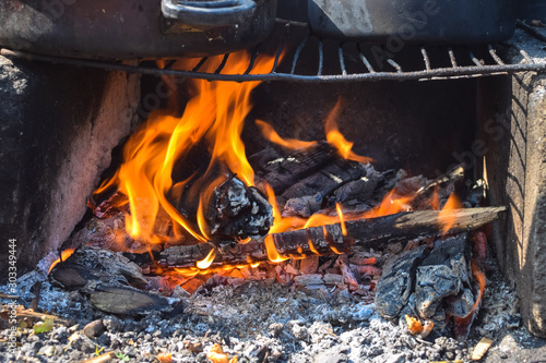 Campfire flame and embers of firewood on a picnic