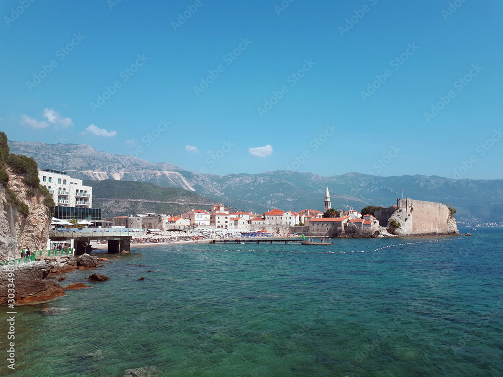 View of the Adriatic Sea and old town of Budva. Montenegro