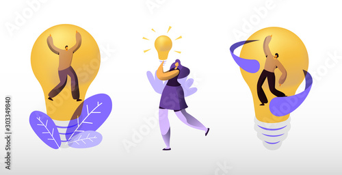 Creative Idea Concept. Business People Stand at Huge Illuminated Light Bulb, Woman Holding Lamp in Hand. Team Searching New Insights for Project Development, Teamwork. Cartoon Flat Vector Illustration