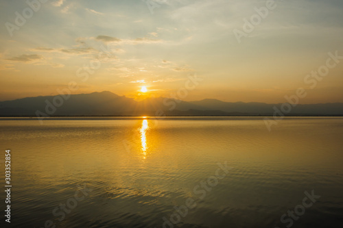 Beautiful sunset at the big lake at Phayao  Kwan Phayao  