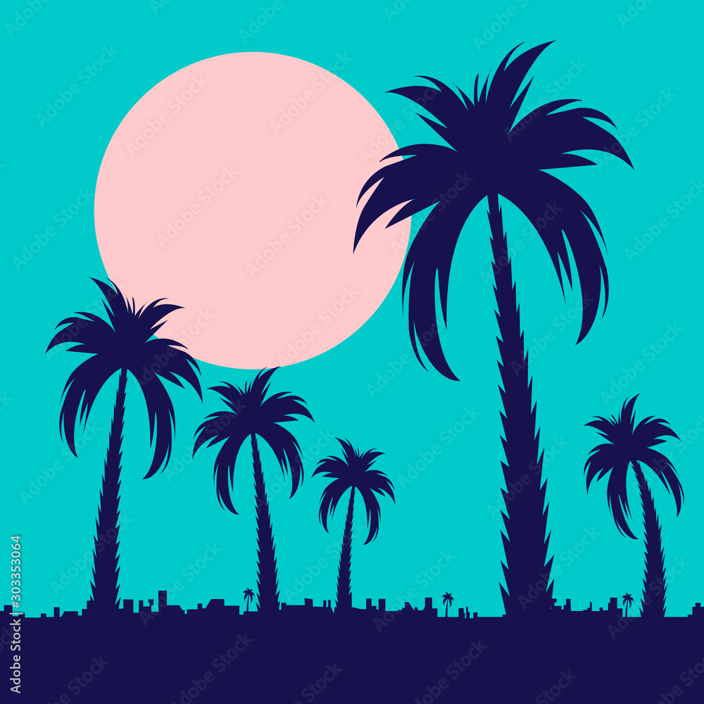 Palm trees. Summer tropical background with palm leaves. Palm tree background. For banners, t-shirts, advertising, etc. Flat style. Vector illustration