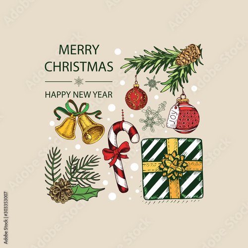 Christmas party invitation. Design template with xmas hand-drawn graphic illustrations. New Year and Christmas holidays pattern.
